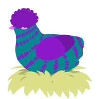 A teal and violet chicken with a bar pattern