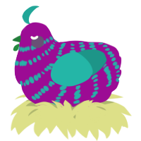 A plum and turquoise chicken with a bar pattern