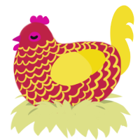 A crimson and yellow chicken with a lace pattern