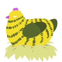 A yellow and olive chicken with a bar pattern