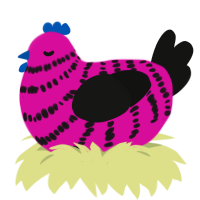 Razataz, a fuchsia and black chicken with a bar pattern