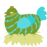 A chartreuse and aqua chicken with a bar pattern