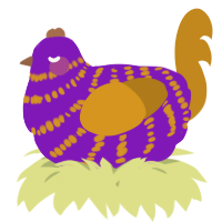 A violet and ochre chicken with a bar pattern