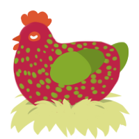 A crimson and chartreuse chicken with a speckle pattern