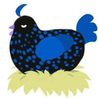 A black and ultramarine chicken with a speckle pattern