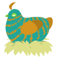 A turquoise and ochre chicken with a bar pattern