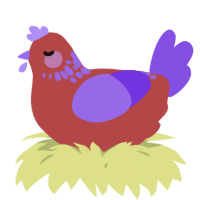 A red and blurple chicken with a neck-speckle pattern
