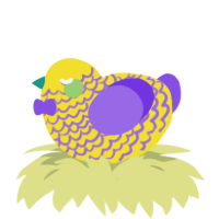 A yellow and blurple chicken with a lace pattern