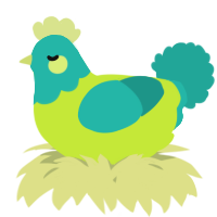 A lime and turquoise chicken with a head pattern