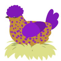 A gold and violet chicken with a speckle pattern