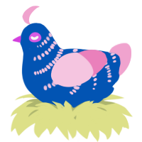 A ultramarine and pink chicken with a half-bar pattern