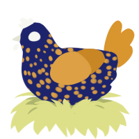 starfield, a navy and orange chicken with a speckle pattern