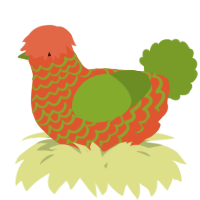 A vermilion and chartreuse chicken with a lace pattern