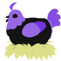 A black and blurple chicken with a head pattern