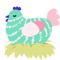 A mint and rose chicken with a bar pattern