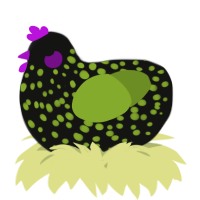 A black and chartreuse chicken with a speckle pattern