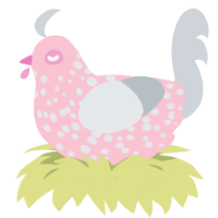 Bubblegum Drop, a rose and mist chicken with a speckle pattern