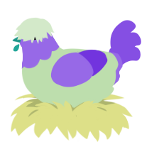Grape Gummy, a gluppy and blurple chicken with a head pattern
