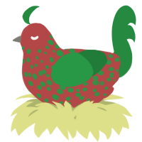 A red and viridian chicken with a speckle pattern