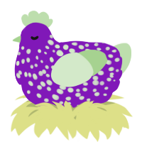 A violet and gluppy chicken with a speckle pattern