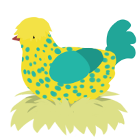 Bubbles, a yellow and turquoise chicken with a speckle pattern