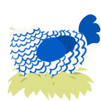 A white and ultramarine chicken with a lace pattern