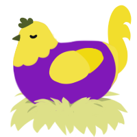 Wario, a violet and yellow chicken with a head pattern