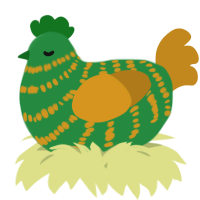 A viridian and ochre chicken with a bar pattern