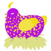 A amethyst and yellow chicken with a speckle pattern