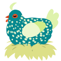 A teal and apple chicken with a speckle pattern