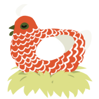 A vermilion and white chicken with a lace pattern