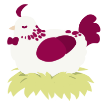 A white and maroon chicken with a neck-speckle pattern