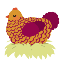 A orange and maroon chicken with a lace pattern