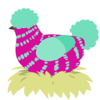 A fuchsia and mint chicken with a bar pattern