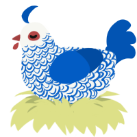 Santa Destroy, a white and ultramarine chicken with a double-lace pattern