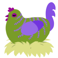 A chartreuse and blurple chicken with a half-bar pattern