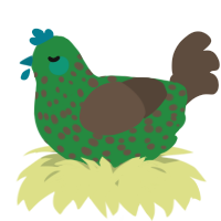 A viridian and bark chicken with a speckle pattern