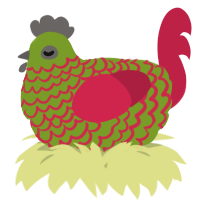 A chartreuse and crimson chicken with a lace pattern