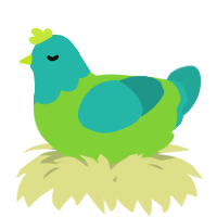 A grass and turquoise chicken with a head pattern