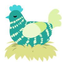 A turquoise and apple chicken with a bar pattern