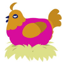 A fuchsia and ochre chicken with a head pattern