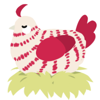 A cream and crimson chicken with a bar pattern