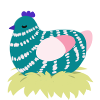A teal and rose chicken with a bar pattern