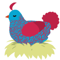 A cerulean and crimson chicken with a double-lace pattern