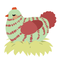 A gluppy and red chicken with a bar pattern