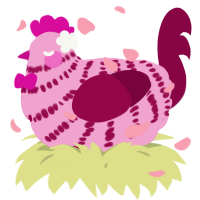A pink and maroon chicken with a bar pattern