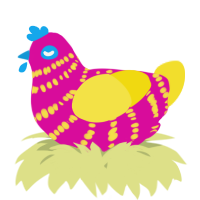 A fuchsia and yellow chicken with a bar pattern