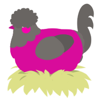 Disco, a fuchsia and grey chicken with a head pattern