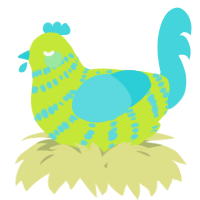 A lime and aqua chicken with a bar pattern