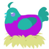 A amethyst and turquoise chicken with a head pattern